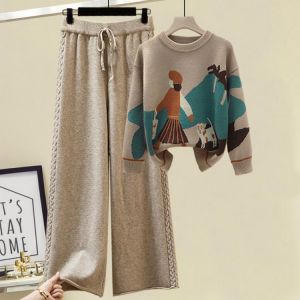Women's Knitted suit 2021 winter cartoon pictures Sweater pullover wide leg pants two piece pants sets woman 2 pieces knitwea
