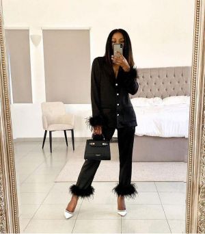 Two Piece Chic Feather Detail Lounge Suits Long Sleeve Button Up Top & Slim Pants Set Wpmen Casual Wool Pajamas Two Piece Suit
