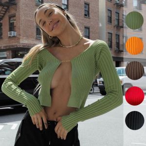 Women's Sweater Autumn 2021 V-neck Knitted Slim Open Front Cardigan Ladies Kniwear Sexy Crop Top Streetwear Knitwear Clothing