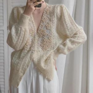 Y2K Beaded Knit Cardigan Women's V-neck Elegant Autumn and Winter Knit Top Soft Loose Women's Coat Mohair Sweater Beauti