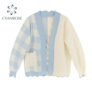 Women Knitted Sweater Cardigans Patchwork Plaid  Long Sleeve Academic Style Ladies Light Coloured Cute Tops Female Autumn 2021