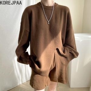 Korejpaa Casual Fashion Women Suit Autumn Long Sleeve O-neck Split Knitted Sweater + High Waist Solid Shorts Set Elegant New