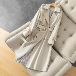 Women Trench Elegant Coat With Belt Autumn Winter Double Breasted Solid Cloak Korean Style Windbreaker Womens Middle Long