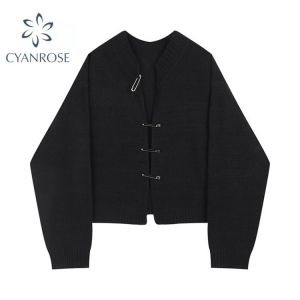 Knitted Sweater Harajuku Ins Street Women 2021 Autumn Winter Cardigan Long Sleeve Fashion Casual Loose Gothic Knitwear Short Top