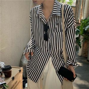 HziriP Oversize Striped Shirts Hot Chic Femme Women All Match Tops 2021 New Basic Full Sleeves Loose Autumn Sunscreen Casual