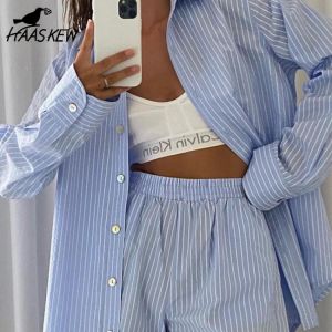 HAASKEW Loung Wear Tracksuit Women Shorts Set Stripe Long Sleeve Shirt Tops And Loose High Waisted Mini Shorts Two Piece Set