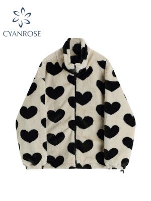 Women High Quality Faux Rabbit Fur Coat Thick Warm Plus Size Zippers Vintage Loose Fashion Female Heart Print Cotton Jacket Coat