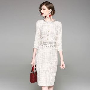 2021 New Luxury Runway Autumn Winter Tweed Dress Women Wool Female Elegant Woolen Office Ladies Slim Midi Pencil Plaid Dresses