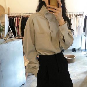 Women Autumn Korean Button Stand Neck Shirt Elegant Long Sleeve 2021 Solid Casual Blouse Ladies Loose Blusas Fashion Tops