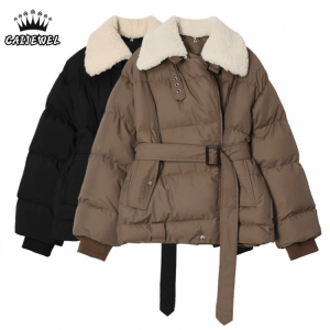 Black Women Bubble Puffer Cropped Jackets Coat Winter Lamb Wool Collar Thickening Baggy Fashion Ladies TOP Outwear Cotton Padded