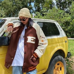 Oversized streetwear retro baseball uniform jacket women's Harajuku style PU leather contrast stitching men's casual jac