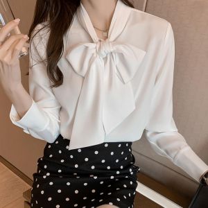 2021 Korean Fashion Spring New Ribbon Commuting Chiffon Shirt Ladies Blouses Long Sleeve Top Women Plus Size