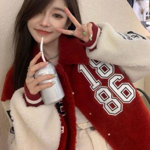 2021 New  Women Harajuku Quilted Coats Lamb Patchwork Big Letter Jacket Cotton Padded Thick Parkas Female Streetwear Winter