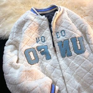 2021 New letter print plush jacket women's baseball uniform plus size jacket women thick Harajuku style street winter women