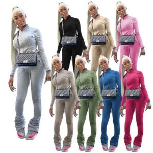 Women Solid Two Piece Set Autumn Winter Long Sleeve Zipper Track Jacket And Ruched Drawstring Flare Pants 2021 Casual Outfits