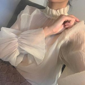 Lace Lady Elegant Tops Sexy Transparent Mesh Women's Fashion Blouses 2021autumn Winter Ruffle Flare Sleeve Chic Bottoming Shi