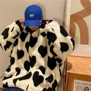 Harajuku Kawaii Love Pattern Plush Oversized Jacket Hairy Girl Winter Loose Korean Thickening Warm Zipper Hooded Sweatshirt