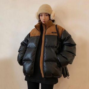 Harajuku fruit green PU skin cotton clothes women's thick 2021 winter Korean fashion warm bread clothes fresh loose coat tren