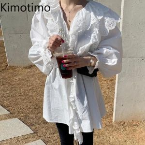 Kimotimo Korean Fashion Blouse Women Elegant V-neck Hook Flower Hollow Top Autumn Ruffles Patchwork Loose Lantern Sleeve Blouse