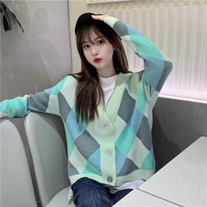 2021 Single-breasted Women's Sweater Jacket Winter Loose Knit Cardigan V-neck Oversized Diamond High Street Trendy Jacket