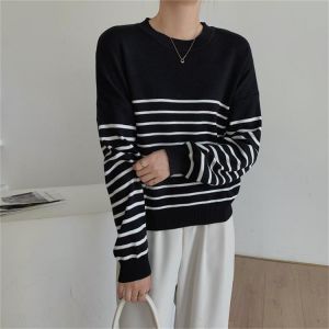 Alien Kitty Stylish Loose Office Lady Knitted Women Sweaters Stripes Comfortable All Match 2021 OL Streetwear Hot Femme Tops