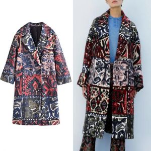 TFMLN Za Autumn Winter Long Woolen Coat Double Breasted Thicken Warm Woman Trench Coat  Women Plaid Printed Plus Size Overcoat