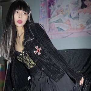 Cross rhinestone knitted cardigan black y2k sexy punk gothic female short coat rock streetwear black jacket female jacket winter