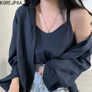 Korejpaa Women Shirt Sets 2021 Korean Fashion Simple Casual Lapel Single Breasted Loose Shirt and Suspender Vest Two-piece Set