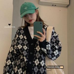 Sweater Women Diamond Shaped Pullover Cardigan Thickened Knitted Jacket Outer Wear Jacket Womens Autumn and Winter New Style