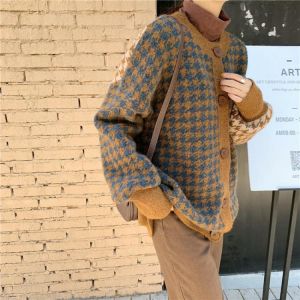 HziriP OL Knitted Sweater Women Cardigans 2020 Soft Thick Houndstooth Sweaters Jacket Long Sleeve Single-breasted Jumper Coat