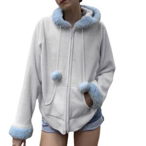 European and American style autumn and winter 2021 new furry hooded sweater white plus velvet warm loose zipper casual jacket