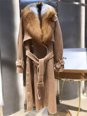 British style brand wool cashmere coat with real big large red fox fur collar Long Jackets Windbreaker Manteau Femme