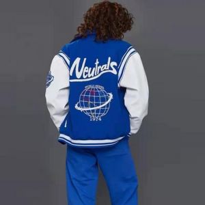Neutrals Blue Varsity Bomber Jacket Women Contrast Sleeve PU Leather Coat Women Embroidery Casual Baseball Winter Clothes Women