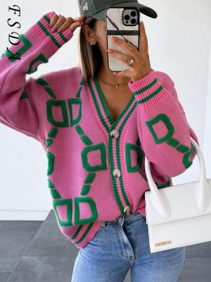 FSDA 2021 V Neck Long Sleeve Caridigan Women Green Autumn Winter Knitted Sweater Loose Casual Fashion Jumper Tops Vintage