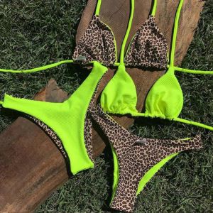 Miyouj Leopard Bikinis Sexy Women Beach Swimsuit Ribbed Fabric Women'S Swimwear Wear On Both Sides Bikini Set String Beachwea
