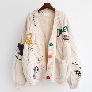 2021 new autumn and winter lazy wind hand-embroidered sweaters women's Y2K street casual loose wild cardigan sweaters coats t