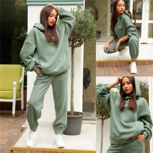 Women's Tracksuit Two Pieces Set Autumn Winter Casual Fleece Warm Sweatshirts Solid Oversized Hooded Hoodies Sport Pants Suit