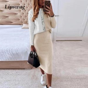 Autumn Skirts Women Set Office Lady Fashion Letter Patchwork Print Sweatshirt Pullover & Bodycon Skirt Outfits Winter 2pcs Sui