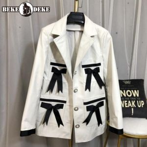 Ladies Elegant Real Leather Jacket Bow Slim Sheepskin Blazers Brand Fashion Single Breasted Pockets Party White Suit Coat Female