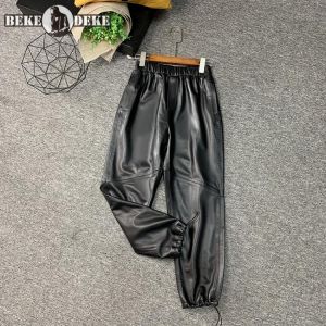all in one place בגדי נשים Womens Genuine Leather Pants Elastic Waist Ankle Length Trousers Fashion Female Harem Pants Real Sheep Skin Casual Sweatpants