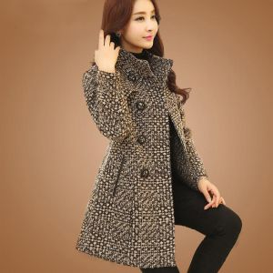 New Women's Wool Blends Coat Winter 2021 Autumn Fashion Elegant Mother Turtleneck Plaid Slim Long Tweed Woolen Outerwear Fema