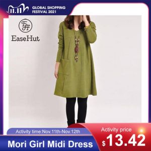 EaseHut Mori Girl Casual Midi Dress Women V-neck Long Sleeve 4XL 5XL Large Size Dress 2020 Female Autumn Winter Dress Vestidos