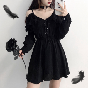 Women Dress Gothic Lace Up Black Autumn 2021 Sexy Slim High Waist Femme Dresses Off Shoulder Hepburn Style Long Sleeve Clothes
