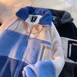 2021 lamb wool stitching striped cardigan sweater women's autumn and winter new design sense niche loose cotton jacket