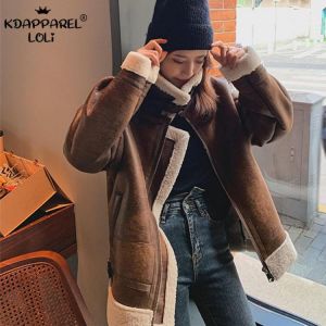 Women's Coat Aviator Motorcycle Jacket Faux Suede Fur Stand Collar Imitation Lambswool Handsome Female Autumn Winter Spring N