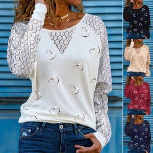 Plus Size Autumn Winter Lace Stitching Heart Print T-shirt Women Casual O-Neck Fashion Long Sleeve Tops T Shirt Elegant Pullover