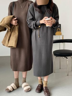 REVECHOW Woman Knitted Dress Solid Long Sweater O-Neck Autumn Loose Winter Straight Elastic Slim Pullover New Maxi  Dress