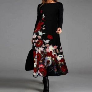 Elegant Femme Party Dress Round Neck Autumn Loose Women Casual Dress Plus Size 5Xl Loose Long Sleeve Vintage Floral Print Dress