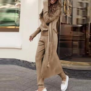 Casual Belt Long Pocket Cardigan Sleeveless Turtleneck Tops And Long Pants Outfit Lady Tracksuit Fashion Solid Women 3 Piece Set