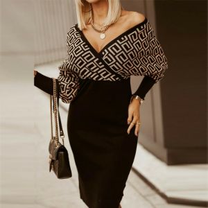 2022 Office Lady Elegant Striped Print Slim Party Dress New Autumn Spring Fashion Deep V Neck Bodycon Dresses Women Casual Dress